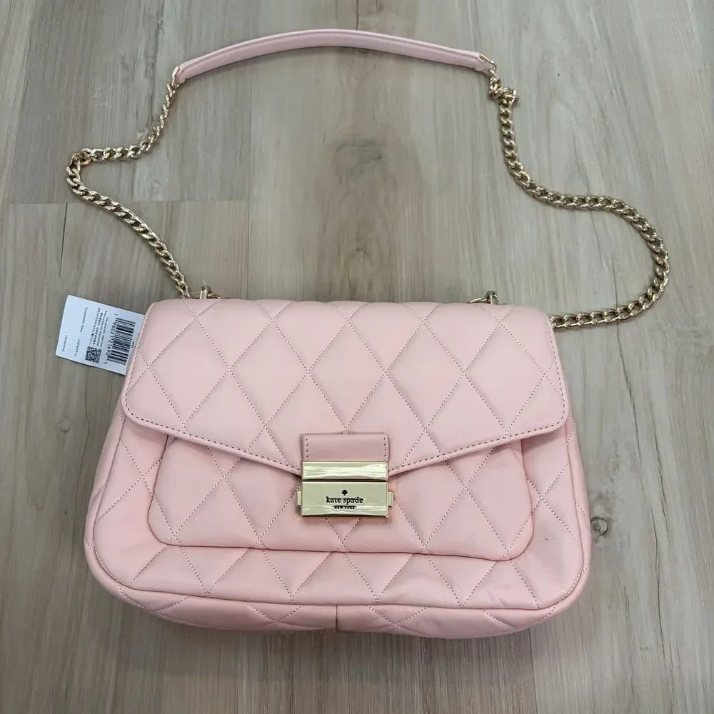 Kate Spade Carey Medium Flap Shoulder Bag Purse Quilted Leather In Conch Pink